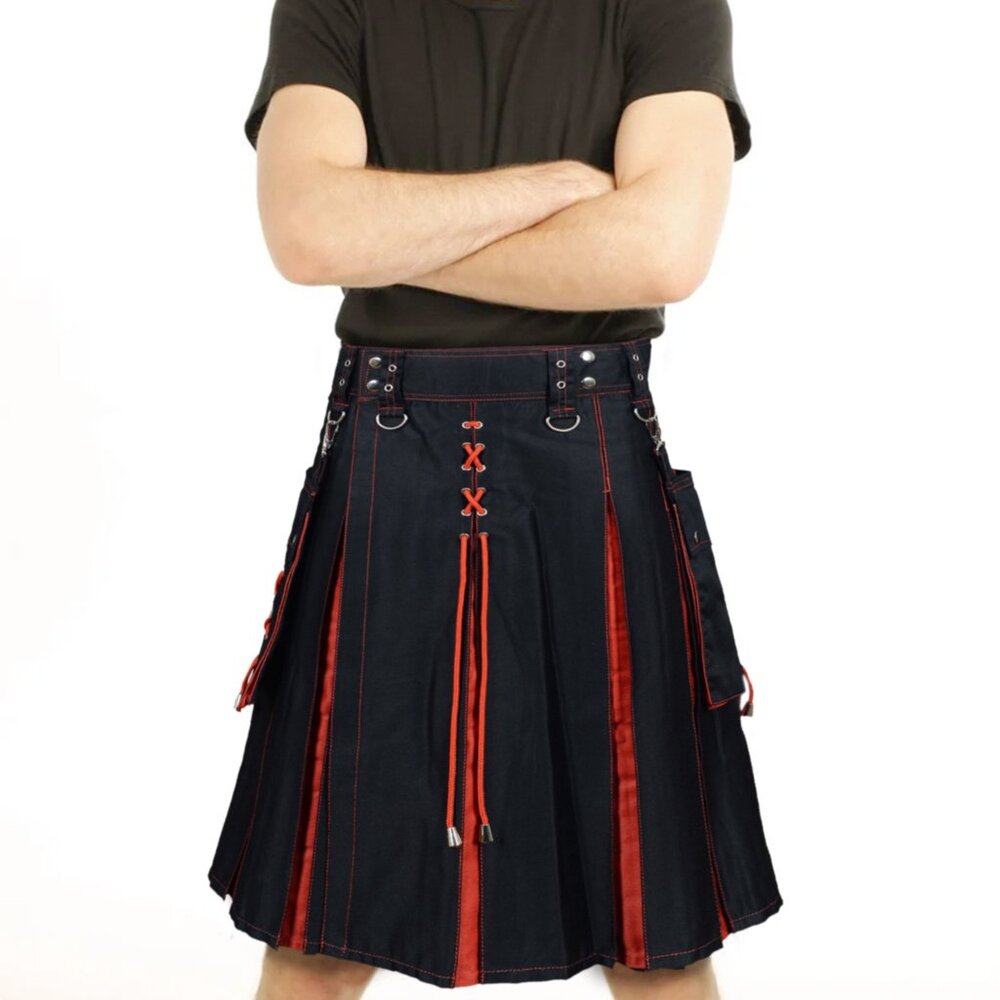 Men’s Hybrid Utility Kilt Black with Red Pleats